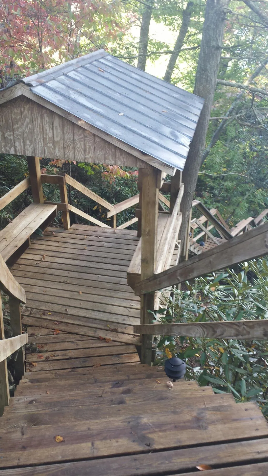 Metal roofed shelter over wooden steps on a wooded walkway — Skylight Repair & Installation work by our crew in Evensville